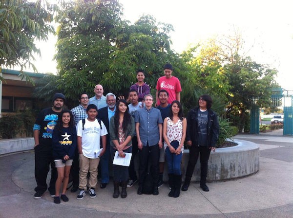 Teen historians from the Santa Ana Library with Gonzalo Mendez, Jr., who was one of the children involved in a landmark 1940s lawsuit challenging the segregation of Mexicans and Mexican-Americans into separate schools in Orange County.