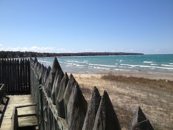 View from Fort Michilimackinac, looking westwards toward Lake Michigan. This is a 20th-century reconstruction of the fort that was attacked by the Anishinaabe Ojibwe in 1763. 