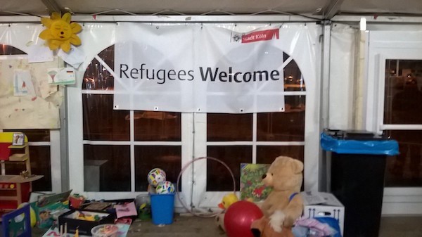 A humanitarian tent greets refugees to Cologne.