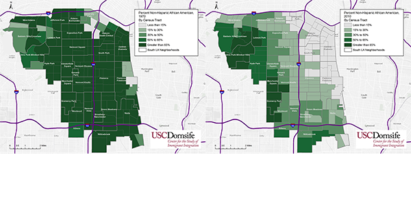 Non-Hispanic Black population in South L.A. in 1970 (left) and 2010 (right).Source: U.S. Census Bureau, Geolytics Inc.