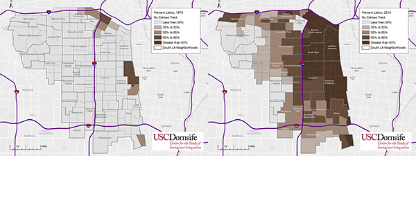 Latino population in South L.A. in 1970 (left) and 2010 (right). Source: U.S. Census Bureau, Geolytics Inc.