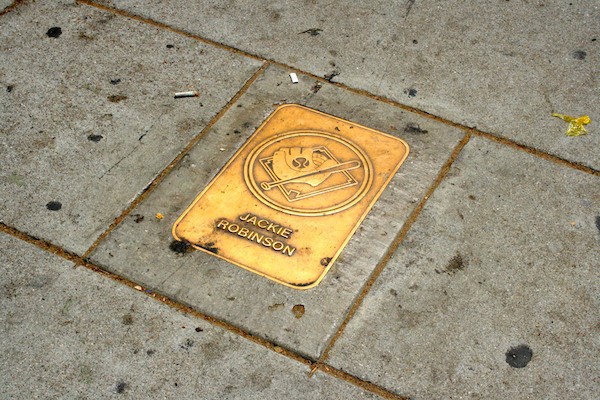 Bronze plaque on the Avenue of the Athletes in the Echo Park neighborhood of Los Angeles.