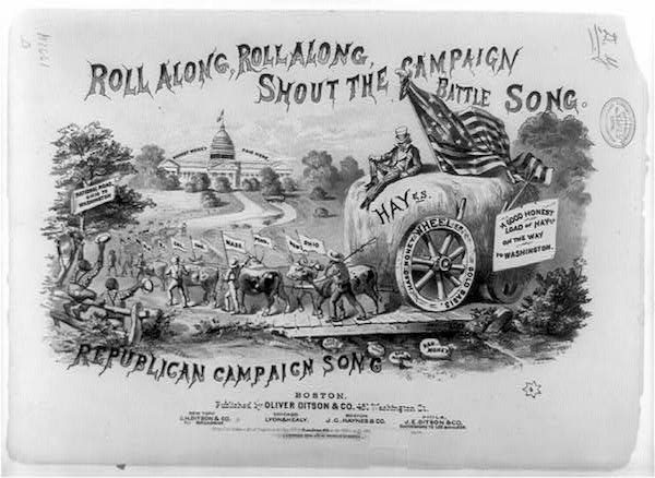 An illustrated sheet music cover for a song composed in honor of Republican presidential candidate Rutherford B. Hayes, 1876.