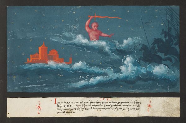 Celestial swordsman, castle and army over Strasbourg.