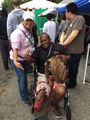 Jenny with a fellow 'wounded' disaster drill volunteer. 
