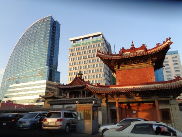 The Blue Sky Tower (a.k.a. the Blue Taco) and the Choijin Lama Temple in Ulaanbaatar.