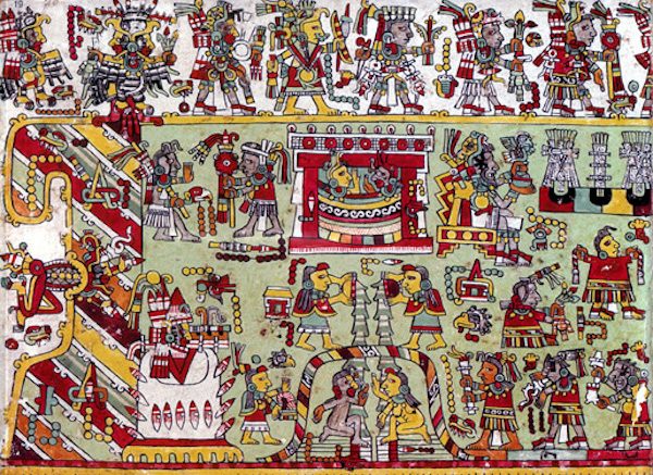 Detail from a page of the Codex Zouche-Nuttall, a pictographic history and genealogical record from Mixtec region of Mexico between 1200-1521 A.C. The British Museum.