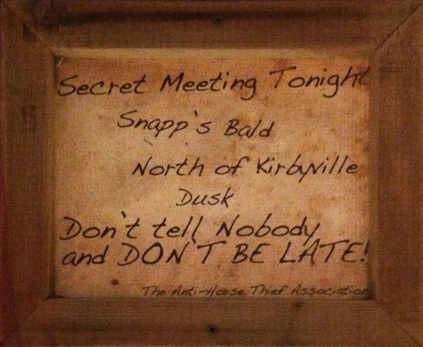 A sign in the exitway of the Fire in the Hole ride references the first large-scale meeting of the Taney County Bald Knobbers, which took place on a treeless ridge called Snapp's Bald. "The Anti-Horse Thief Association" was a common name among 19th century vigilante groups, but it was never the Bald Knobbers' name. By Lisa Hix.