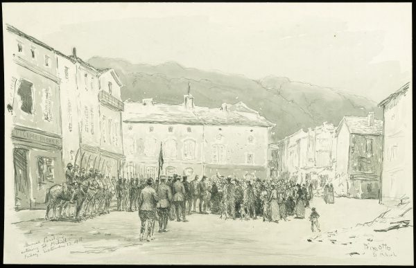 General Pershing Entering St. Mihiel by Ernest Clifford Peixotto, 1918. Image courtesy of Division of Armed Forces History, National Museum of American History.