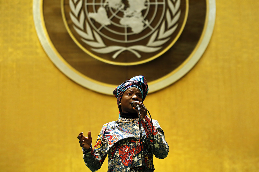 UNICEF Goodwill Ambassador and Grammy Awards winner Angelique Kidjo speakes at the United Nations Observance of International Women’s Day 2020.