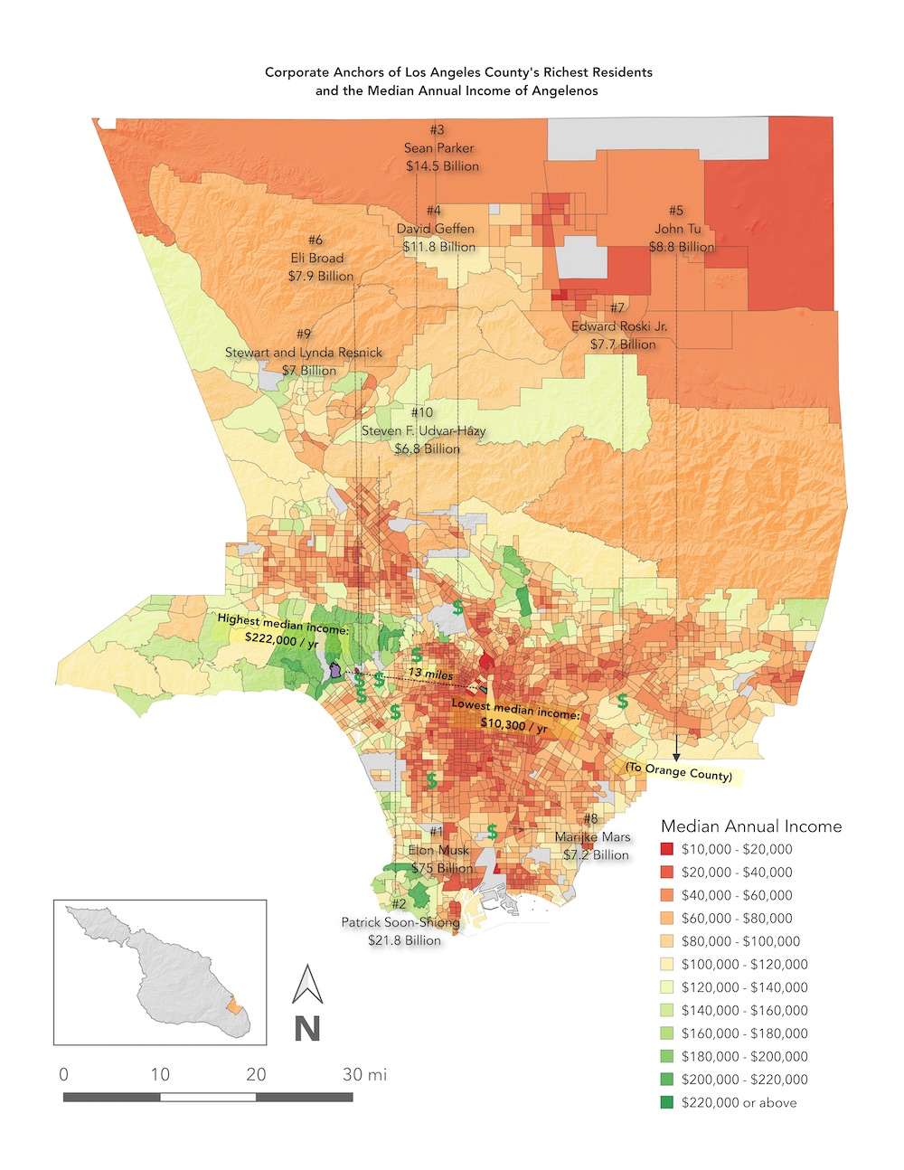A map of the businesses of the 10 richest Angelenos