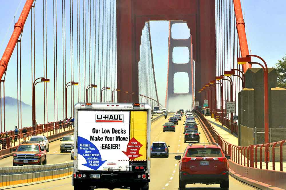 a moving truck on the Golden Gate Bridge