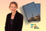 A cut out of Michelle Wilde Anderson against a yellow-orange background. She wears a black blazer and is smiling, looking slightly to the right. Hovering to her right is a cut out of two copies of her book 'The Fight to Save the Town: Reimagining Discarded America.' Below the books is the Zócalo Book Prize logo.