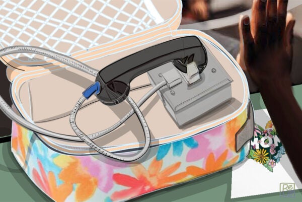 An illustration of a pay phone inside an open flowery luggage. To the upper right of the illustration is a dark-skinned left hand presses against a glass. Near bottom right is a card that almost makes out the word "mom" placed inside a flowery heart.