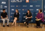 Four panelists sitting in front of a blue backdrop that has the logos of Zócalo Public Square and The James Irvine Foundation on it. The panelists are, from left to right: Cresencio Rodriguez-Delgado, Janette Dill, Helda Pinzón-Perez, and Martha Valladarez.