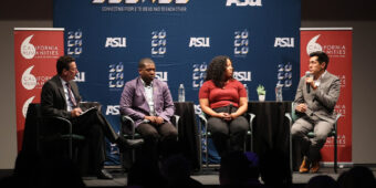Four people sit in a row on a stage. The man on the far right holds a microphone. The banners behind them read "Zócalo Public Square," "ASU," and "California Humanities."