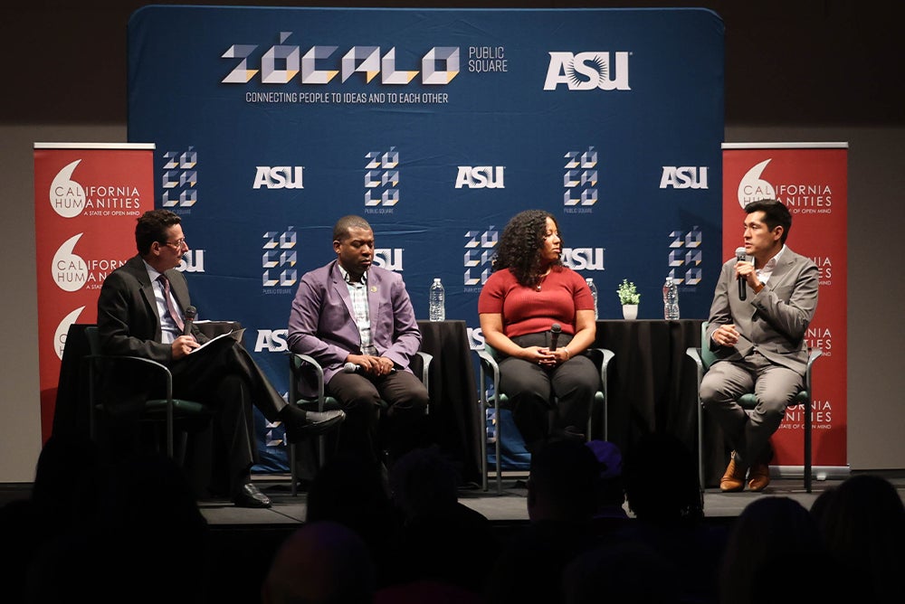 Four people sit in a row on a stage. The man on the far right holds a microphone. The banners behind them read "Zócalo Public Square," "ASU," and "California Humanities."
